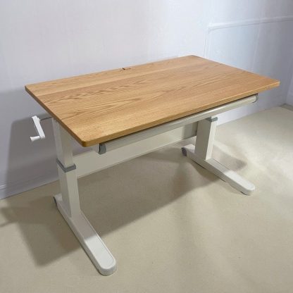 "Oak Wood Grain Kids Computer Desk with Adjustable Height, Locker, Shelf, and Drawer"