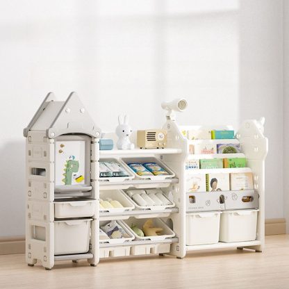 "White Standard Children's Bookshelf with Multiple Shelves, Horizontal Orientation, Polymerized Material Shelf, Standalone, Scratch-tolerant, Closed Back"