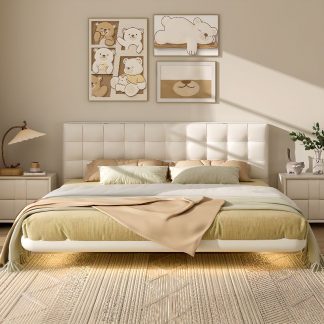 "Chalk Modern Timber Standard Kids Bed with Pleather Upholstery and Headboard Gender Neutral"