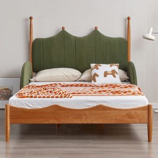 "Sepia Modern Timber Standard Kids Bed with Suede Upholstery, Headboard, and Detachable Guardrails Gender Neutral"