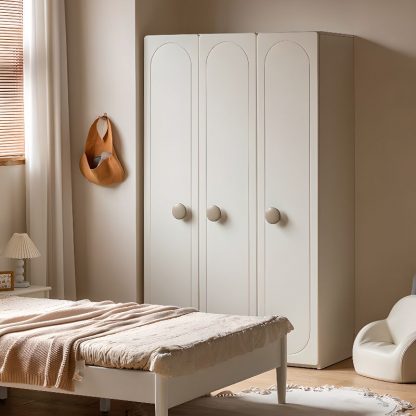 "Functional Kids Armoire in Lumber with Shelf, Clothing Rod, and Door"