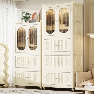 "Chalk-Colored Plastic Kids Armoire with Shelf, Clothing Rod, and Door"