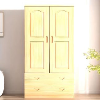 "Tan Lumber Kids Armoire with Shelf, Clothing Rod, and Door"