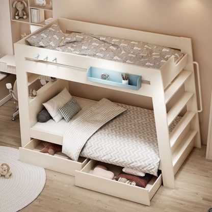 "Chalk Lumber Children Bunk Bed with 2 Drawers, Underbed Storage, Book Display, Ladder & Guardrail"