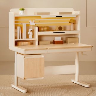 "Adjustable Height Lumber Water-resistant Kids Computer Desk in Natural Color with Storage, Drawer and 3 Shelves/2 Shelves"