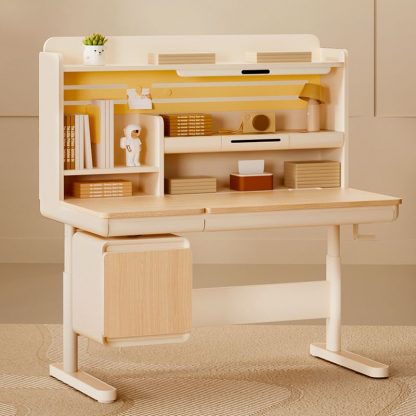 "Adjustable Height Lumber Water-resistant Kids Computer Desk in Natural Color with Storage, Drawer and 3 Shelves/2 Shelves"