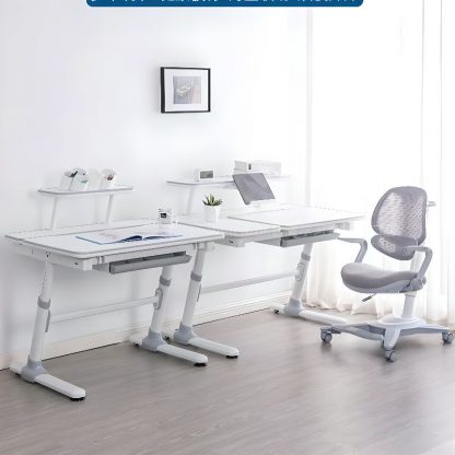 "Adjustable Children's Desk, Height-adjustable, Wood, Chalk Color, with Storage, Shelf, and 1 Drawer"