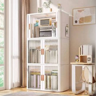 "Simplistic Standard Children's Bookshelf with Pop Up Feature, 3 Shelves/2 Shelves, Vertical Orientation, Synthetic Material, 6 Doors/4 Doors, Standalone Installation"
