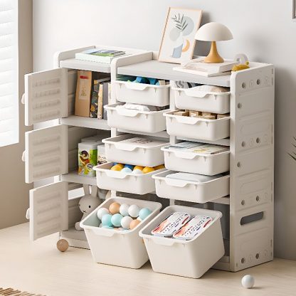 "Simplistic Standard Children's Bookshelf with 4/3 Shelves, Horizontal/Vertical Orientation, Synthetic Shelf, 4/2 Doors, Scratch-repellent"