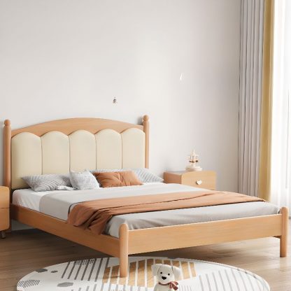 "Wood Grain Modish Natural Wood Standard Kids Bed with Pleather Headboard Coir Mattress Gender Neutral"