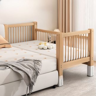 "Natural Color Casual Natural Wood Standard Kids Bed with Panel Design, Coir Mattress, Ladder, and Guardrail"
