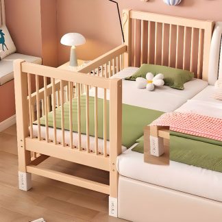 "Unfinished Color Simple Natural Wood Standard Kids Bed with Coir Mattress, Guardrail, Gender Neutral"