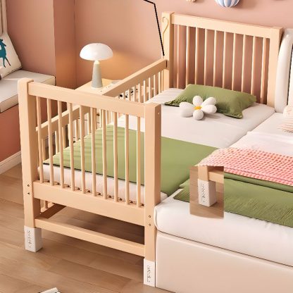"Unfinished Color Simple Natural Wood Standard Kids Bed with Coir Mattress, Guardrail, Gender Neutral"
