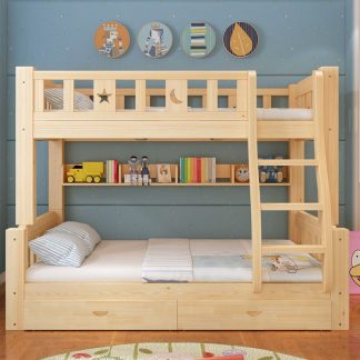 "Wood Grain Kids Bunk Bed with 2 Drawers, Underbed Storage, Book Storage, Ladder, Guardrail & Multiple Mattress Sizes"