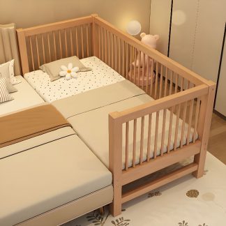 "Unfinished Color Simple Natural Wood Standard Kids Bed with Coir Mattress, Stairs & Guardrail, Gender Neutral"