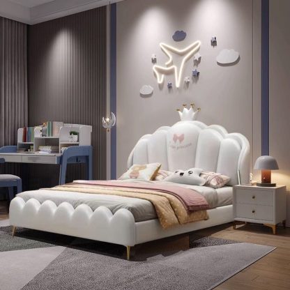 "Chalk Lumber Standard Kids Bed for Girl/Woman+, Princess Theme, with Pleather and Headboard, Coir Mattress"